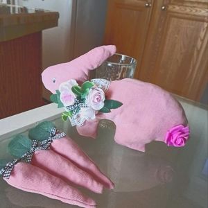 Pink handmade floral bunny 13" wide 8.5" tall with 3 carrots 7.5" tall +…